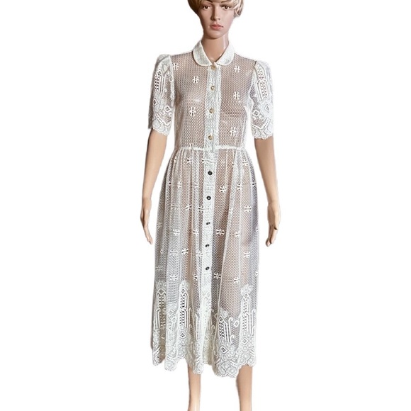 Vintage (1960’s) USA ~ Size 6 ~ Net Floral Lace Edwardian Embroidery Sexy Dress - Picture 2 of 16